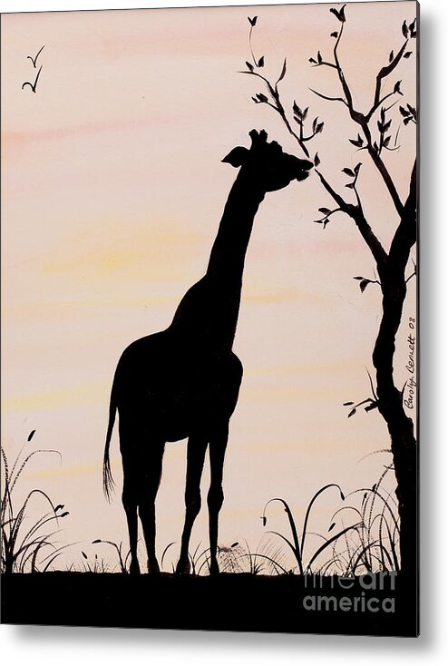 Giraffe Metal Print featuring the painting Giraffe silhouette painting by Carolyn Bennett by Simon Bratt