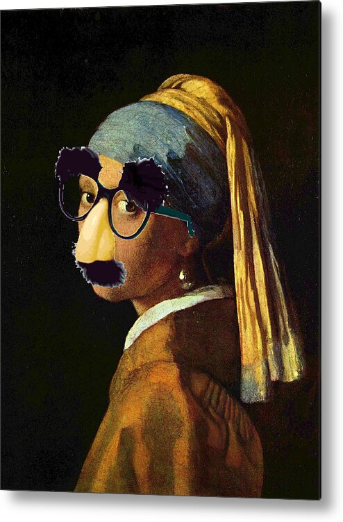 Johannes Vermeer Metal Print featuring the painting Girl With The Pearl Earring and Groucho Glasses by Tony Rubino