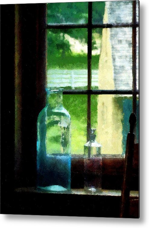 Bottles Metal Print featuring the photograph Glass Bottles on Windowsill by Susan Savad