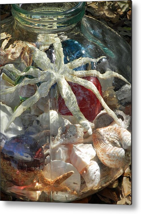 Shells Metal Print featuring the photograph Glass jar with Starfish and Shells by Deborah Ferree