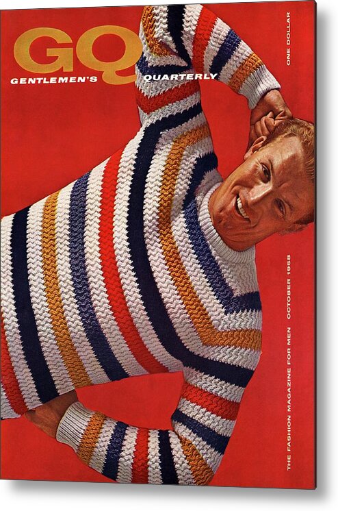 Fashion Metal Print featuring the photograph Gq Cover Of Man Wearing Striped Sweater by Leonard Nones