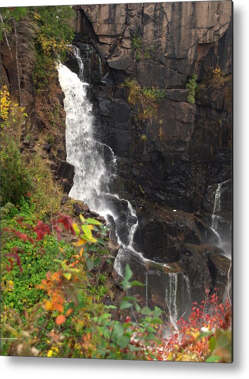 Nature Landscape Landscapes Water Falls Fall Waterfalls Waterfall Rivers Pigeon River Grand Portage State Park Parks Minnesota North Shore Woods High Scenic Flowing Natural Motion Rock Rocks Forests Forest Scenery Cascade Cascades Cascading Hiker Hikers Hiking Boulder Boulders Peaceful Stone Stones Large Huge Tall Autumn Canada United States Border Borders Indian Reservation Reservations Diabase Rove Formation Shale Greywacke Sedimentary Logan Intrusions Vertical Colors Beautiful Beauty Metal Print featuring the photograph Grand Portage by James Peterson