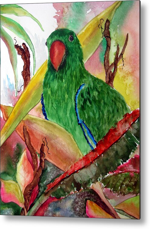 Bird Flower Metal Print featuring the painting Green Parrot by Lil Taylor