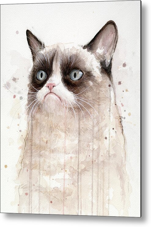 Grumpy Metal Print featuring the painting Grumpy Watercolor Cat by Olga Shvartsur