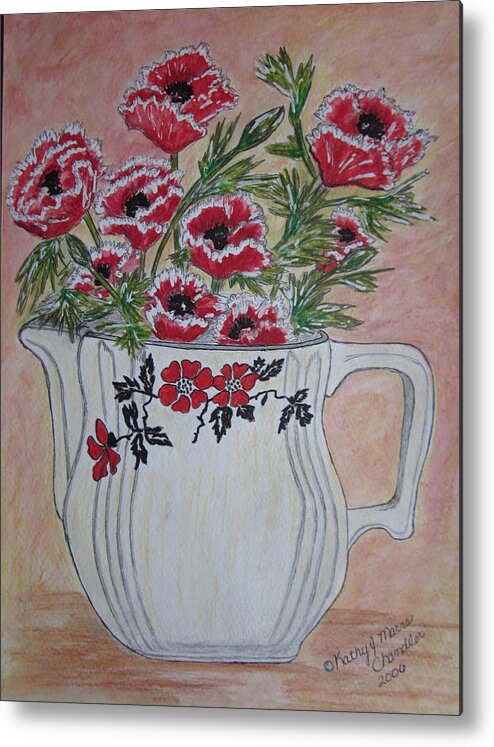 Hall China Metal Print featuring the painting Hall China Red Poppy and Poppies by Kathy Marrs Chandler