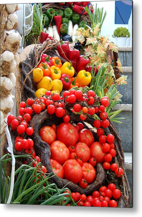 Tomatoes Peppers Onions Garlic Vegetables Fruits Harvest Red Yellow Greece Santorini Oia Farmers Market Metal Print featuring the photograph Harvest Bounty by Brenda Salamone