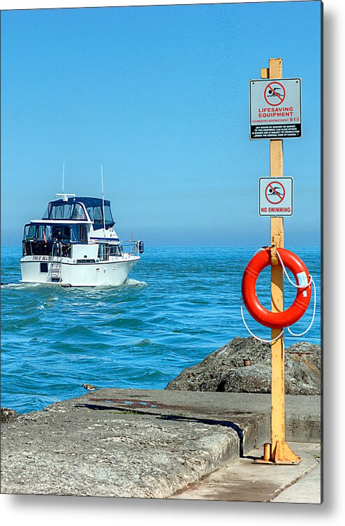 Boat Water Pier Cement Stone Orange Life Buoy Ting Yellow Post Metal Print featuring the photograph Heading out by Art Tilley