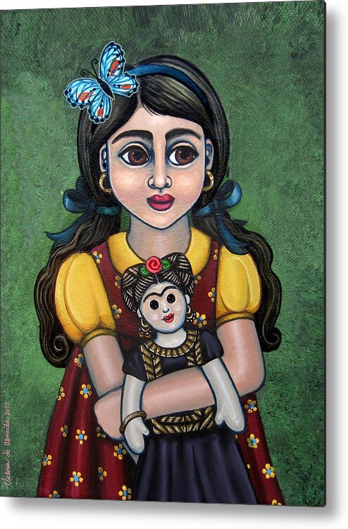 Frida Metal Print featuring the painting Holding Frida with Butterfly by Victoria De Almeida