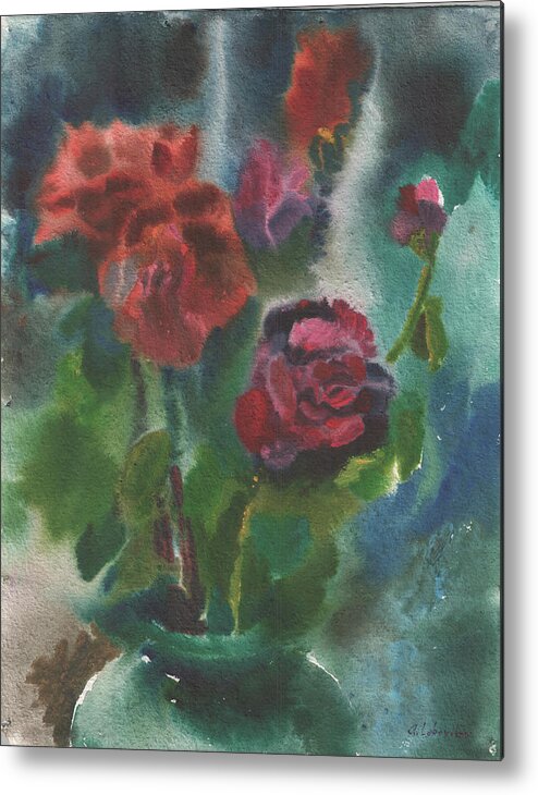 Roses Metal Print featuring the painting Holiday roses by Anna Lobovikov-Katz