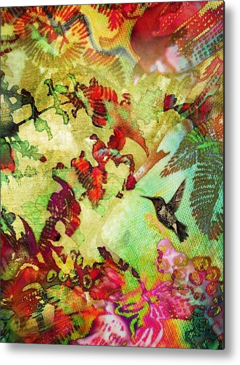 Sharkcrossing Metal Print featuring the digital art V Hummingbird in Flower Heaven - Vertical by Lyn Voytershark