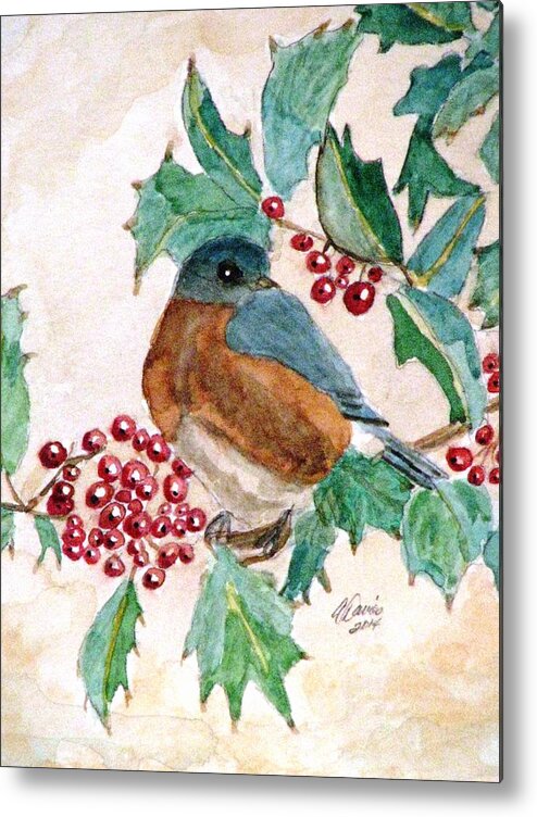 Bluebirds Metal Print featuring the painting In The Holly Tree by Angela Davies