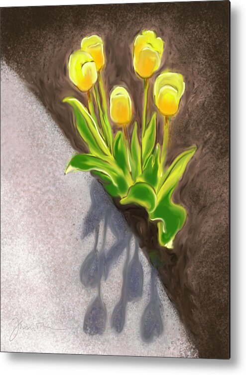 Tulips Metal Print featuring the painting In The Mulch by Jean Pacheco Ravinski