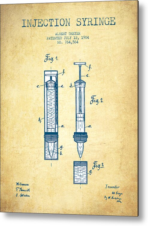 Medical Device Metal Print featuring the digital art Injection Syringe patent from 1904 - Vintage Paper by Aged Pixel