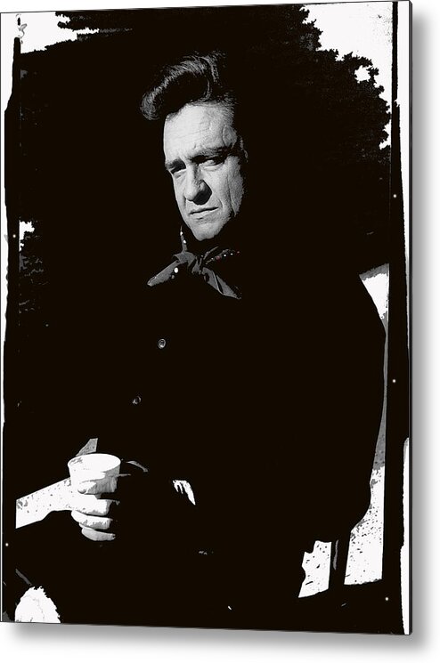 Johnny Cash Sitting With Cup Old Tucson Az Man In Black Photographer Frank Bez Us Postal Service Music Icons Series Metal Print featuring the photograph Johnny Cash sitting with cup Old Tucson Arizona 1971-2009 by David Lee Guss