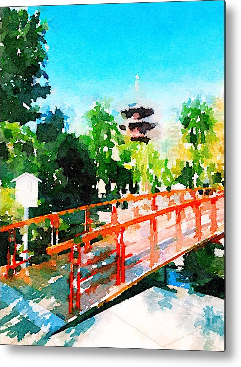 Kawasaki Daishi Metal Print featuring the painting Kawasaki Daishi Bridge and Five-Storied Pagoda by Beverly Claire Kaiya