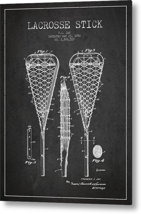 Lacrosse Metal Print featuring the digital art Lacrosse Stick Patent from 1950- Dark by Aged Pixel