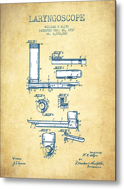 Medical Device Metal Print featuring the digital art Laryngoscope Patent from 1937 - Vintage Paper by Aged Pixel