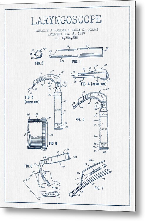 Medical Device Metal Print featuring the digital art Laryngoscope Patent from 1989 - Blue Ink by Aged Pixel