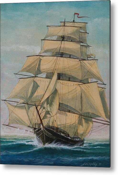 Seascape Of Old Time Sailing Ship Metal Print featuring the painting Lightning by J W Kelly