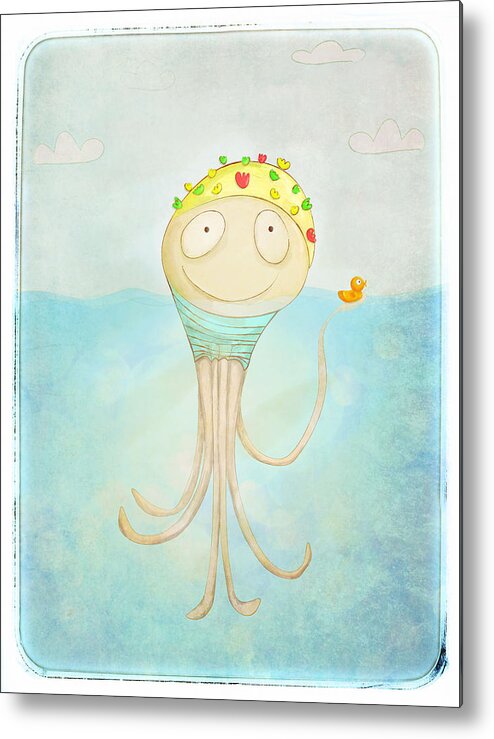 Octopus Metal Print featuring the digital art Little Octopus the Swimming Champ and his Rubber Ducky by Lenny Carter