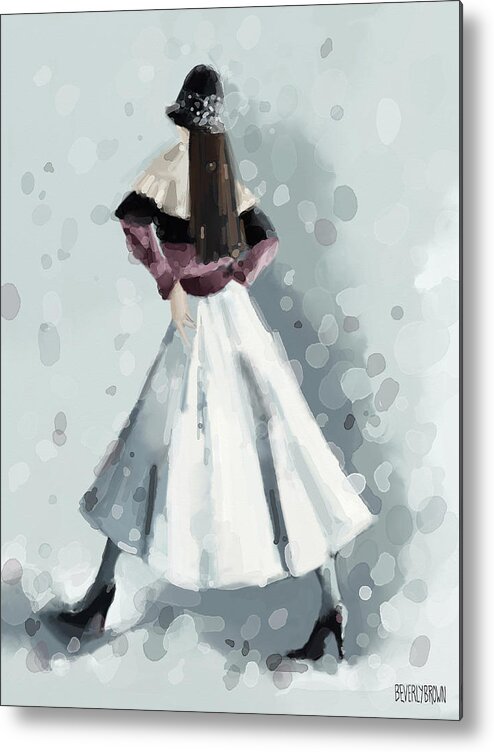 Fashion Metal Print featuring the painting Long White Skirt and Black Sequined Hat Fashion Illustration Art Print by Beverly Brown