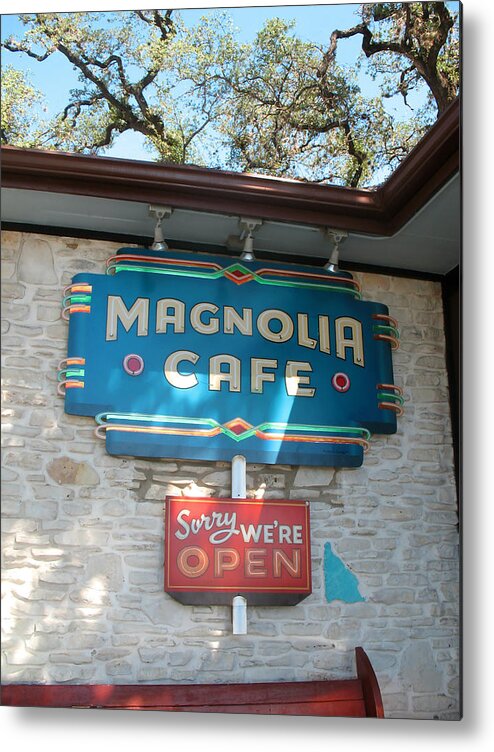 Magnolia Cafe Metal Print featuring the photograph Magnolia Cafe Sign in Austin by Connie Fox