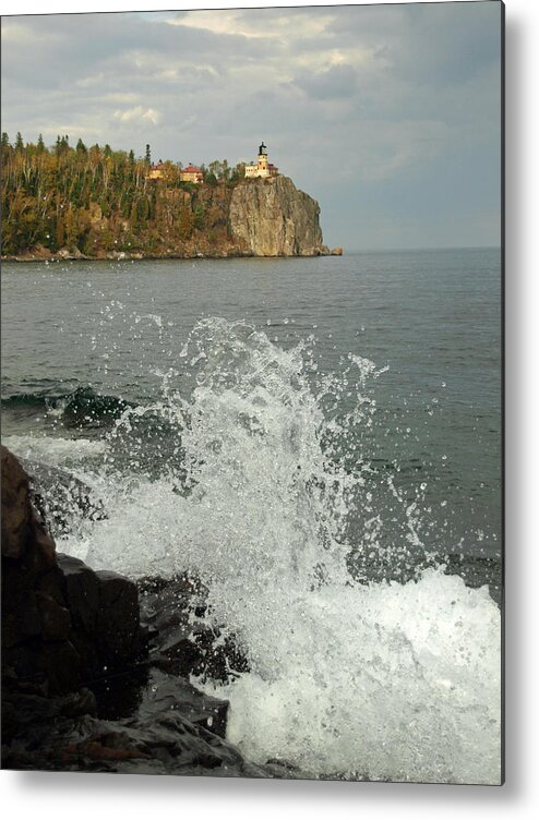 Peterson Nature Photography James Affordable Landscapes Landscape Nature Lighthouses Parks Splash Splashes Splashing Wave Waves Lake Superior Great Lakes North Shore Mn Minnesota Beaver Bay Seascape Seascapes Ellison Island Split Rock Lighthouse State Park Shoreline Shore Shores Cloud Clouds Cloudy Overcast Blue Cliff Face Cliffs Rock Rocks Stone Stones Camping Campers Enthusiasts Hiking Picturesque Vacation Water Spray Crash Crashing Icon Landmark Historic Nautical Breaking Breaker Breakers Metal Print featuring the photograph Making a Splash at Split Rock Lighthouse by James Peterson