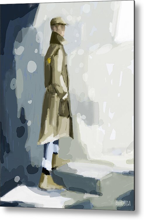 Fashion Metal Print featuring the painting Man in a Trench Coat Fashion Illustration Art Print by Beverly Brown