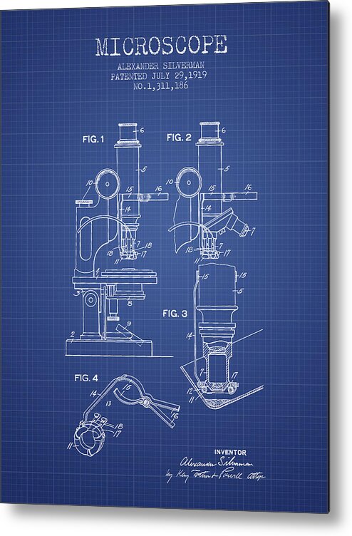 Microscope Metal Print featuring the digital art Microscope Patent From 1919 - Blueprint by Aged Pixel