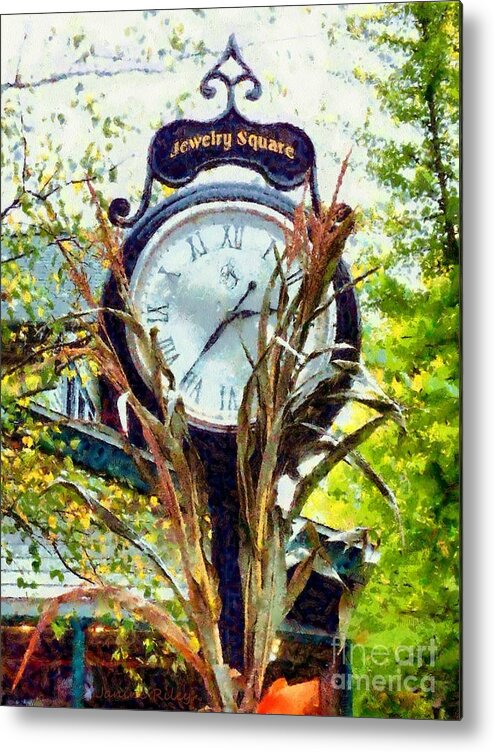 Milford Pa Metal Print featuring the photograph Milford PA - Jewelry Square Street Clock - Autumn by Janine Riley