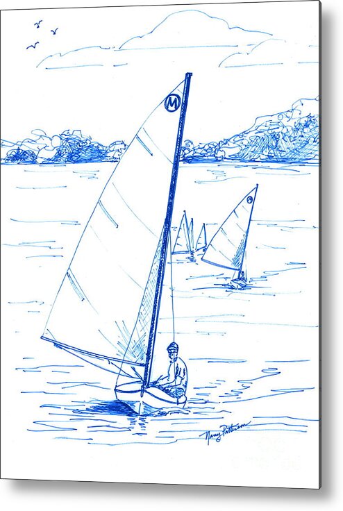 Mint Design Classic Moth Class Sailboat Metal Print featuring the drawing Mint Classic Moth in Blue by Nancy Patterson