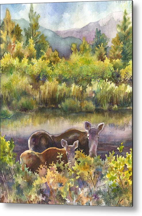 Moose And Calf Painting Metal Print featuring the painting Moose Magic by Anne Gifford