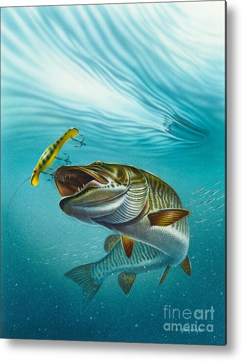 Jon Q Wright Metal Print featuring the painting Muskie Troll by JQ Licensing