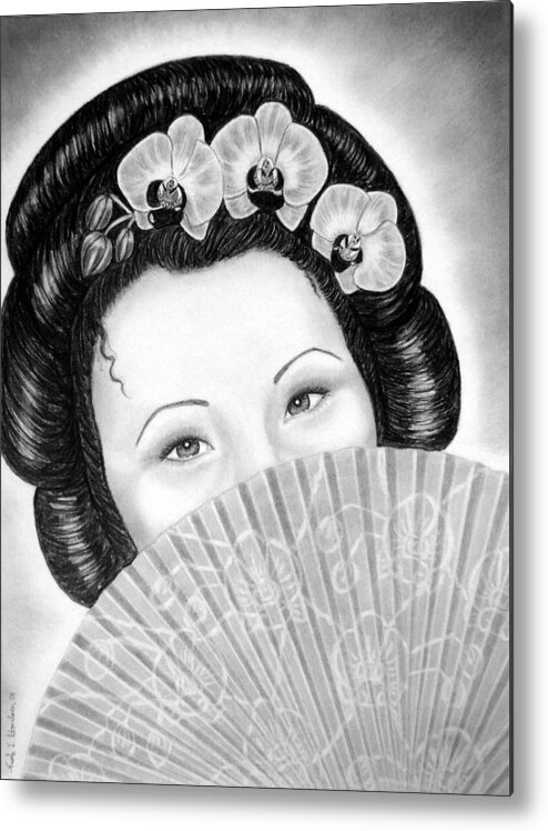 Geisha Metal Print featuring the drawing Mysterious - Geisha Girl with Orchids and Fan by Nicole I Hamilton