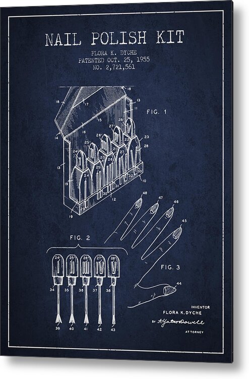 Nail Polish Metal Print featuring the digital art Nail Polish Kit patent from 1955 - navy Blue by Aged Pixel