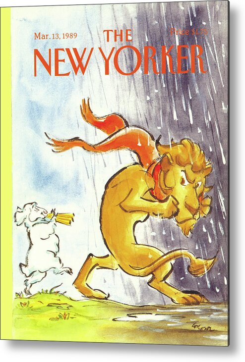 (a Flute Playing Lamb Marches An Angry Lion Out Of The Sun And Into The Rain. Refers To The Saying About The Month Of March.) Animals Metal Print featuring the painting New Yorker March 13th, 1989 by Lee Lorenz