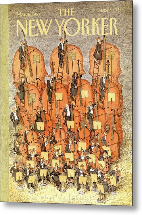 (an Orchestra Plays String Instruments That Increase In Size From The Front Row To The Back.) Entertainment Metal Print featuring the painting New Yorker March 6th, 1989 by John O'Brien