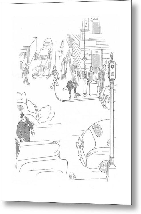 112193 Gpr George Price Woman Preparing To Sprint Across The Street At Busy Intersection. Across Age Aging Busy Citizen Citizens City Crosswalk Don't Elderly Intersection Lanes Life Light Manhattan Neighborhoods New Nyc Preparing Race Regional Run Senior Sign Sprint Stop Street Traf?c Urban Walk Woman York Metal Print featuring the drawing New Yorker October 3rd, 1942 by George Price
