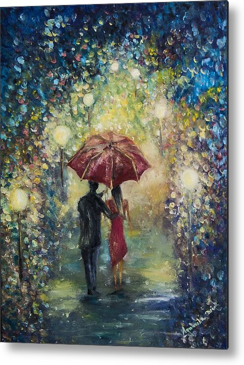 Couple Metal Print featuring the painting Night walk in the rain by AgnieszkaA Jargiello