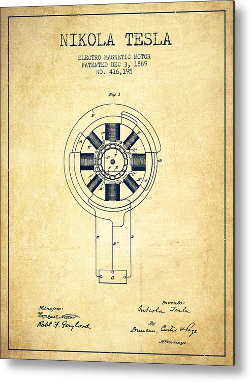 Tesla Metal Print featuring the digital art Nikola Tesla Patent Drawing From 1889 - Vintage by Aged Pixel