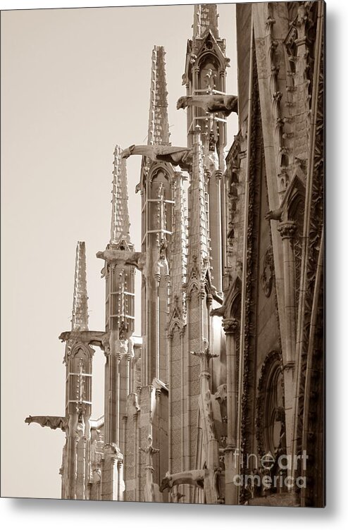 Paris Metal Print featuring the photograph Notre Dame Sentries Sepia by HEVi FineArt