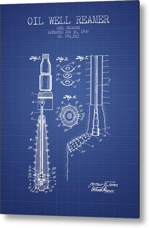 Oil Metal Print featuring the digital art Oil Well Reamer Patent from 1924 - Blueprint by Aged Pixel