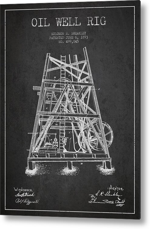 Oil Metal Print featuring the digital art Oil Well Rig Patent from 1893 - Dark by Aged Pixel