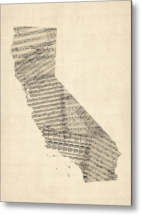 California Map Metal Print featuring the digital art Old Sheet Music Map of California by Michael Tompsett
