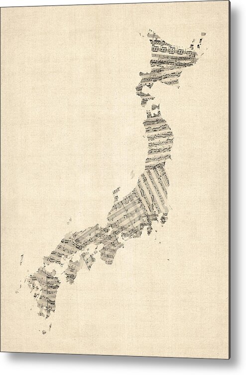 Japan Map Metal Print featuring the digital art Old Sheet Music Map of Japan by Michael Tompsett