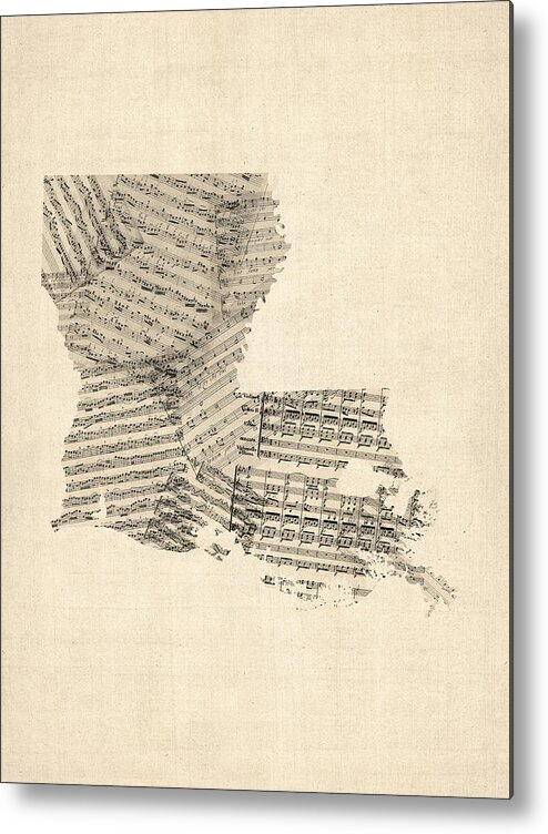 Louisiana Map Metal Print featuring the digital art Old Sheet Music Map of Louisiana by Michael Tompsett