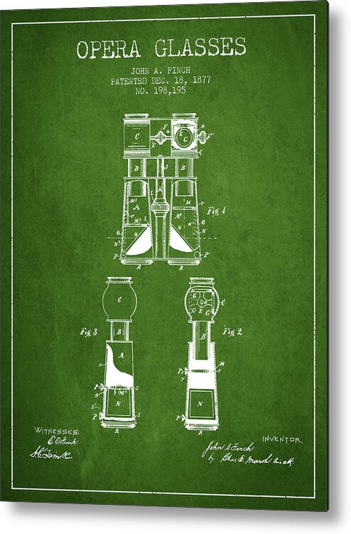 Opera Metal Print featuring the digital art Opera Glasses Patent from 1877 - Green by Aged Pixel