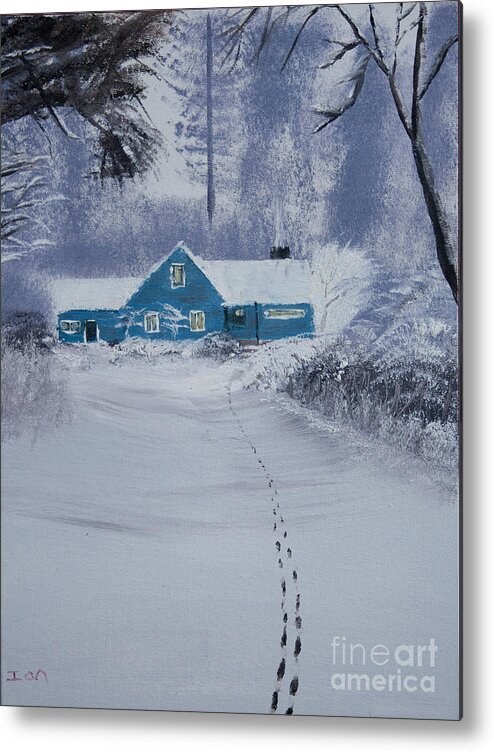 2008 Winter Metal Print featuring the painting Our Little Cabin in the Snow by Ian Donley