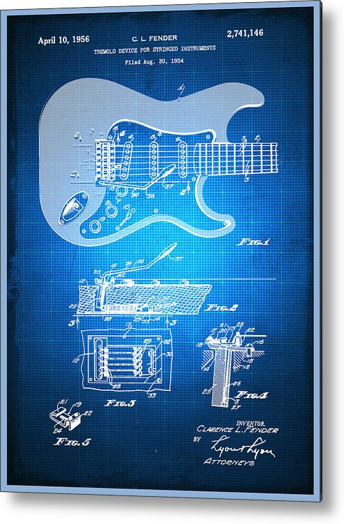 Guitar Metal Print featuring the mixed media Fender Guitar Patent Blueprint Drawing by Tony Rubino