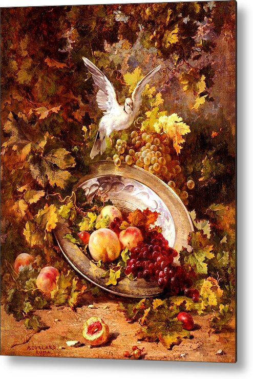 Still Life Metal Print featuring the painting Peaches and Grapes With A Dove - Bourland - 1875 by Pam Neilands
